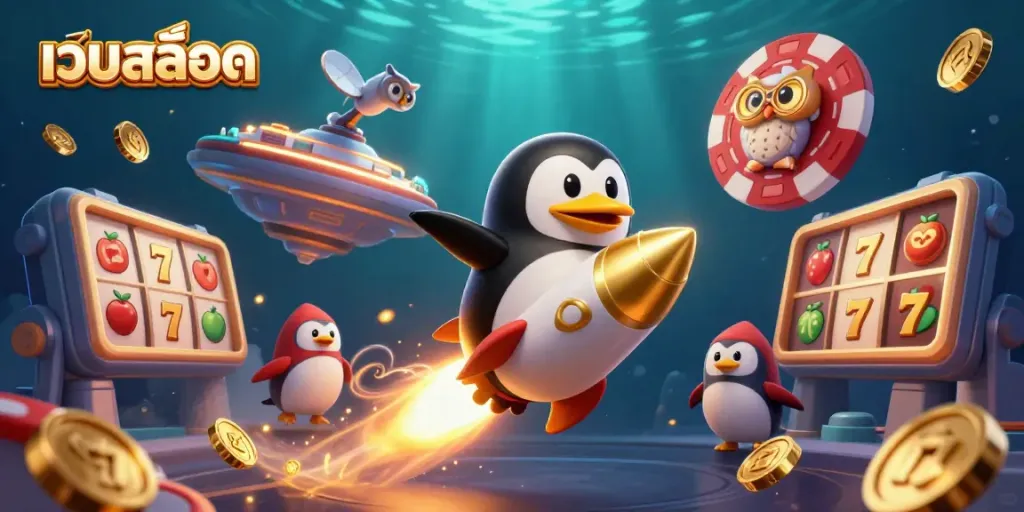 Experience exciting เว็บสล็อต adventures with a golden penguin astronaut at a casino space station.