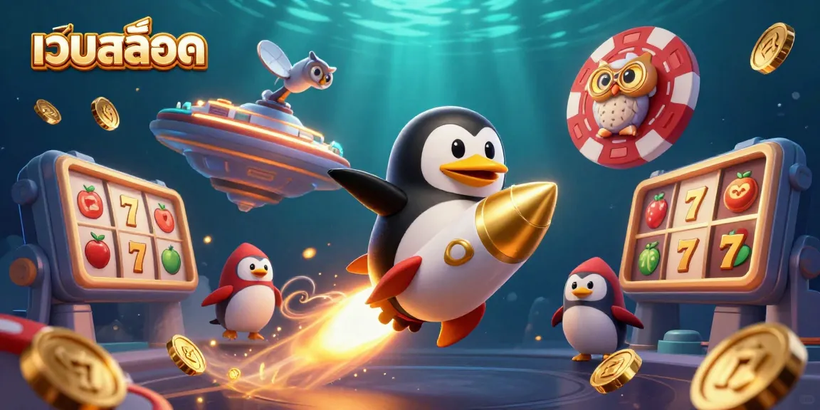 Experience exciting เว็บสล็อต adventures with a golden penguin astronaut at a casino space station.