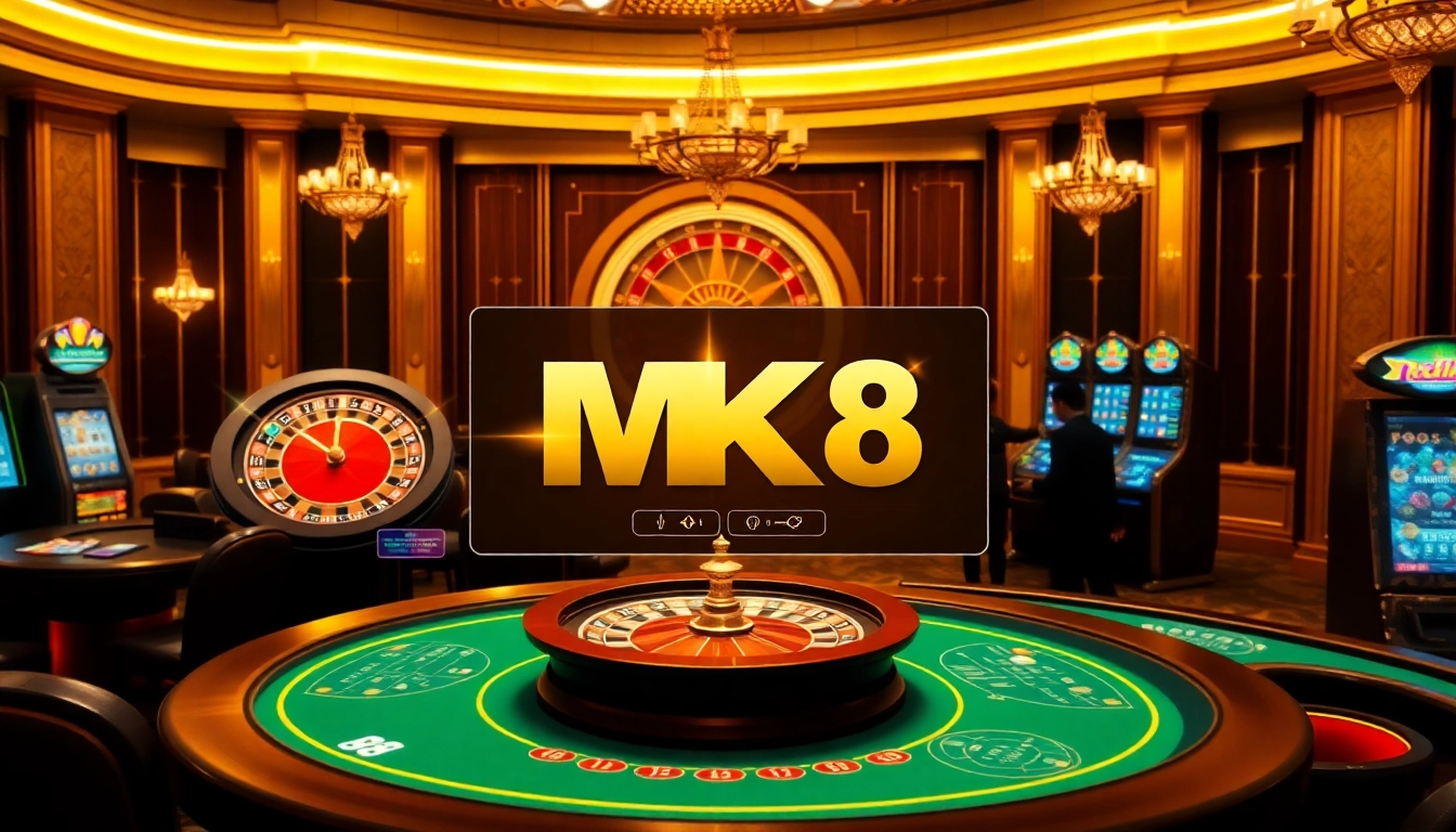 Engaging casino scene with MK8 interface featuring roulette, poker, and slot machines.