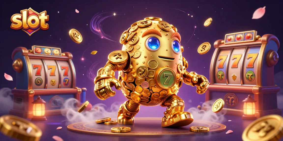 Menangkan slot jackpot dengan golem emas yang dikelilingi simbol slot dan koin berkilauan.