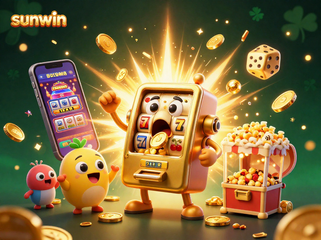 Experience the excitement of sunwin as golden slot machines celebrate jackpots in a vibrant casino scene.