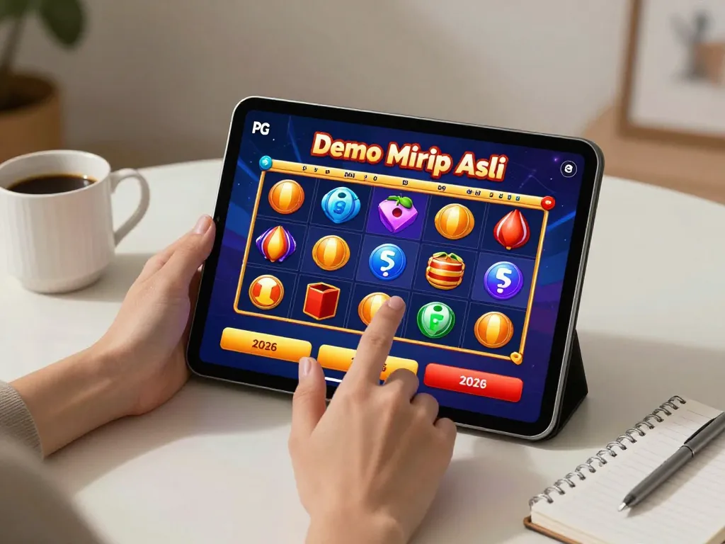 Bermain Demo Slot PG Soft Mirip Asli di tablet, menampilkan permainan interaktif.
