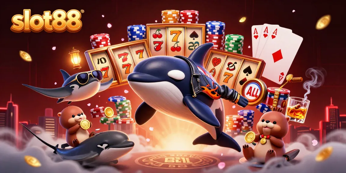 Play thrilling slot88 games with vibrant characters celebrating wins in a dynamic, casino-inspired scene.