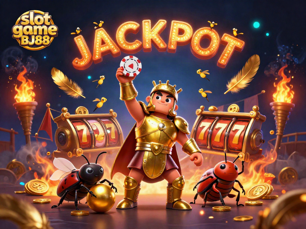 Experience the excitement of slot game BJ88 with a victorious beetle in 3D casino scene.