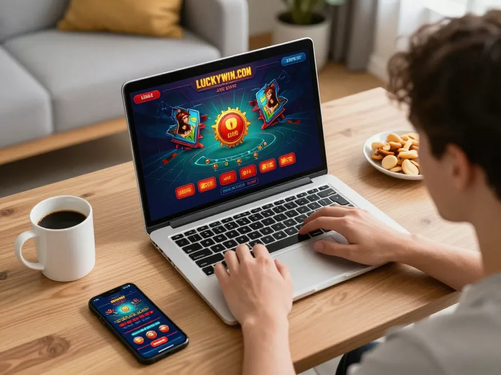 Player engaging in online gambling at LUCKYWIN.COM with laptop showing casino games and snacks nearby.