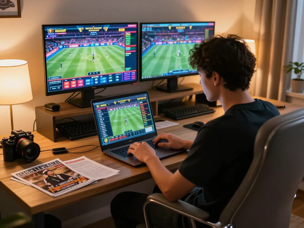 Engaged player using hm 88 for live sports betting on a laptop in a modern home setup.
