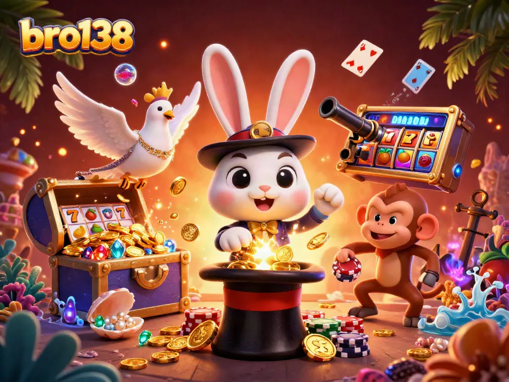 Experience the magic of bro138 as a 3D magician rabbit dazzles with golden coins in a vibrant casino-themed scene.