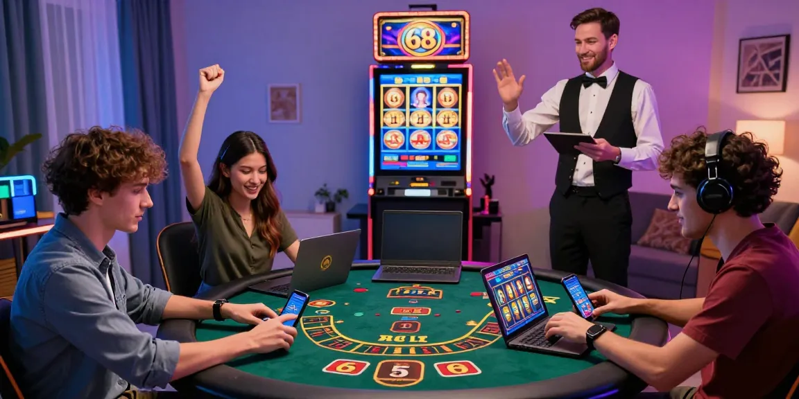 Engaged players enjoying 68gamebai online casino games in a vibrant home setting.