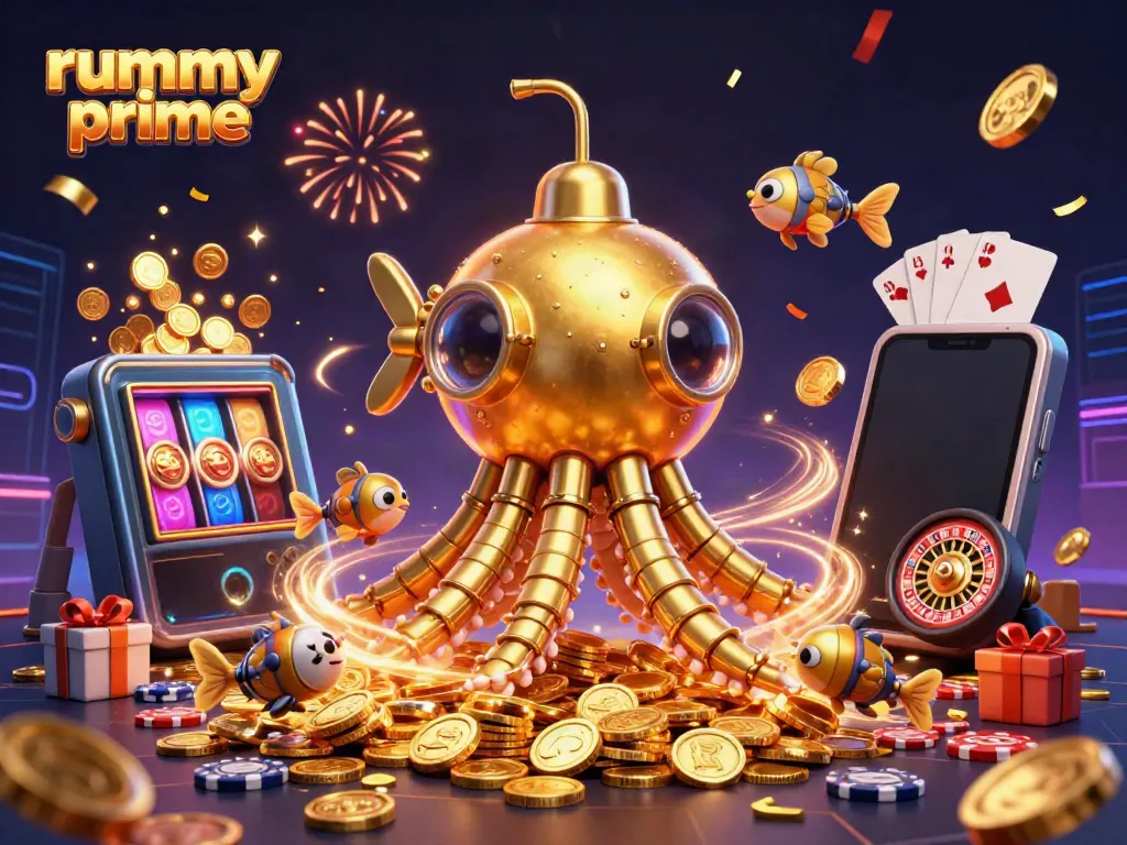 Experience the thrilling rummy prime gameplay with a dynamic 3D illustration of a golden kraken and casino elements.