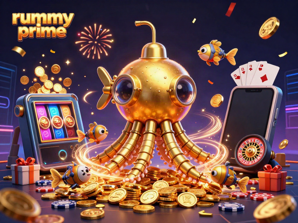 Experience the thrilling rummy prime gameplay with a dynamic 3D illustration of a golden kraken and casino elements.