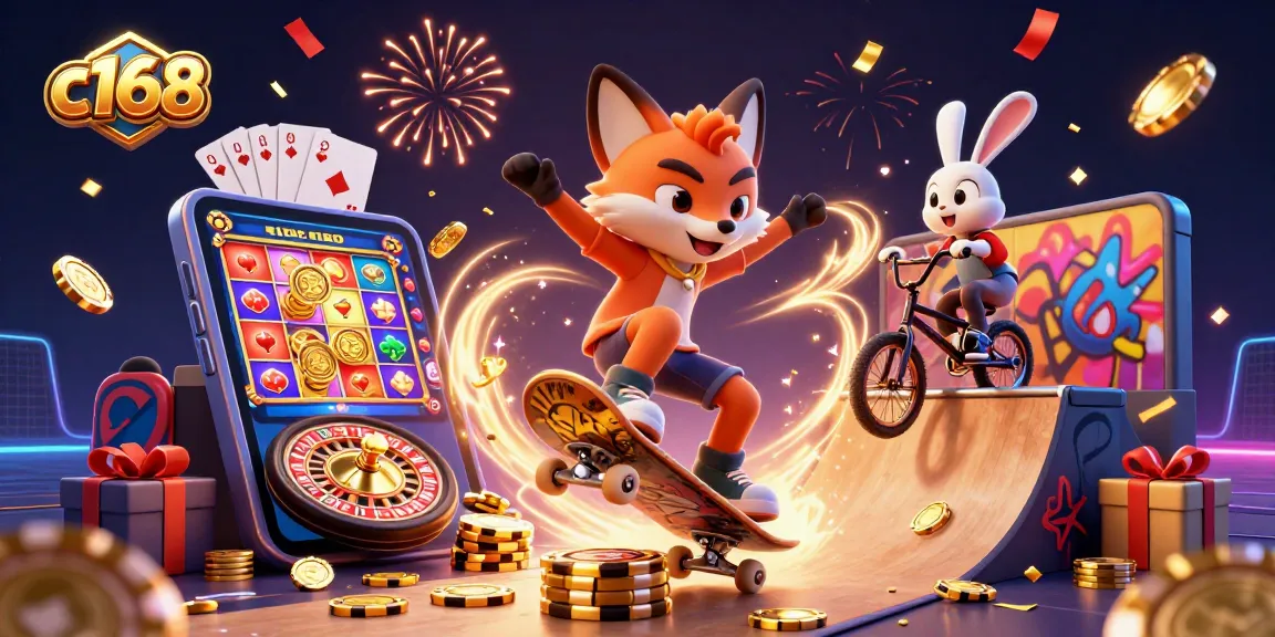 A dynamic scene showcasing c168 with a fox and rabbit performing lively skateboarding tricks amid colorful casino elements