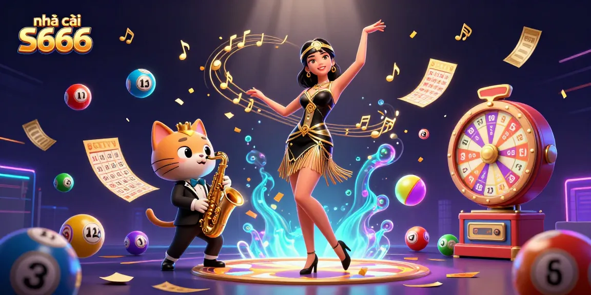 Engage with nhà cái S666 through our vibrant lottery-themed casino illustration showcasing excitement and fun.