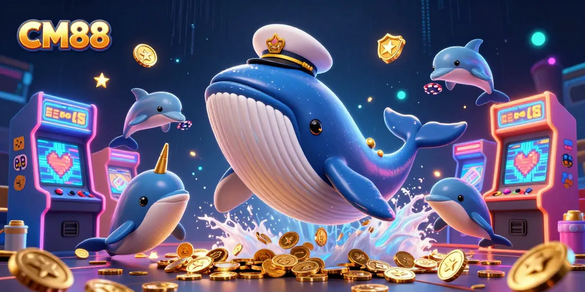 Engage with CM88’s dynamic online gaming scene featuring a whimsical whale amidst a cascade of coins.