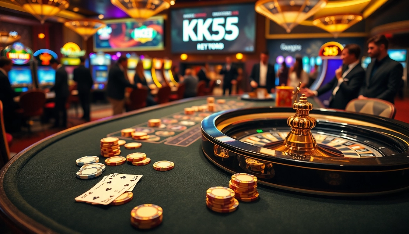 Experience high-stakes gameplay in the KK55 casino, featuring vibrant poker chips and a stylish roulette wheel.