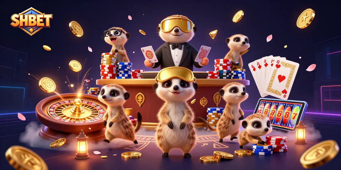 SHBET casino scene with meerkats in a dynamic operation, featuring vivid gaming elements.