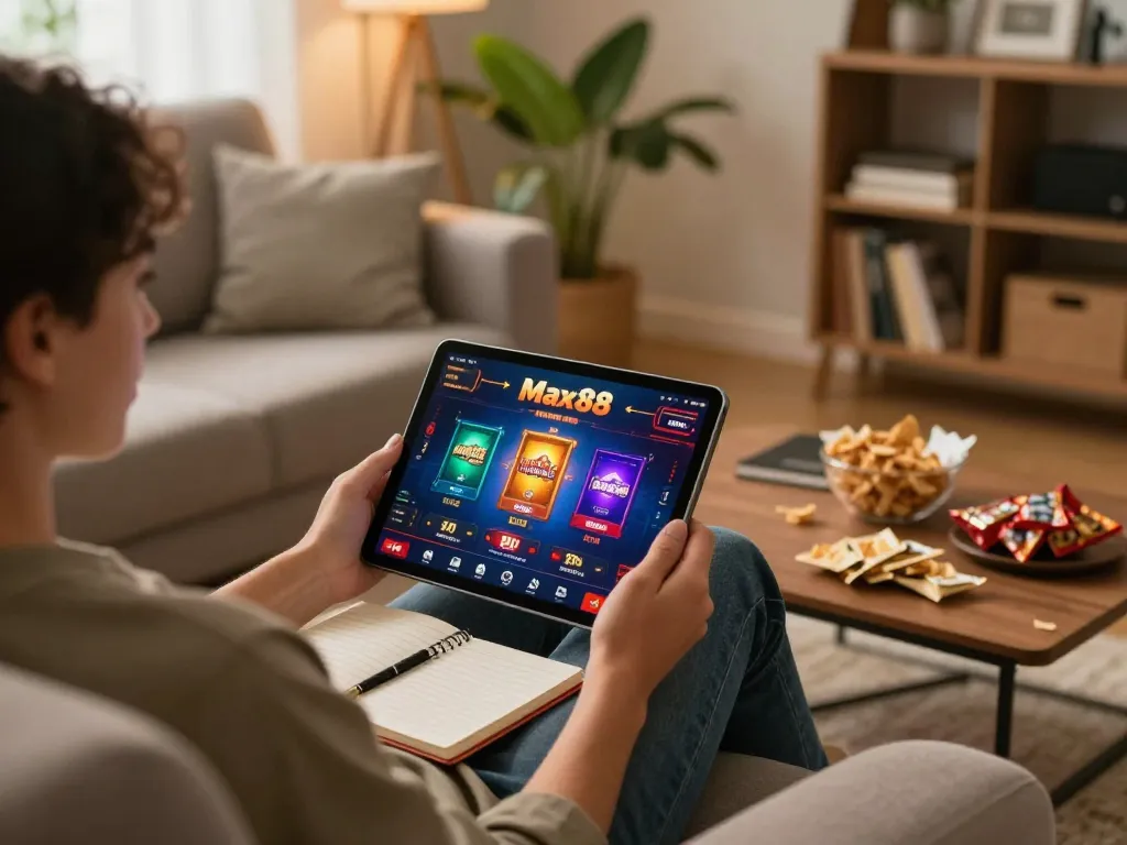 Enjoy online gaming on Max88 while comfortably seated at home with a tablet and snacks.