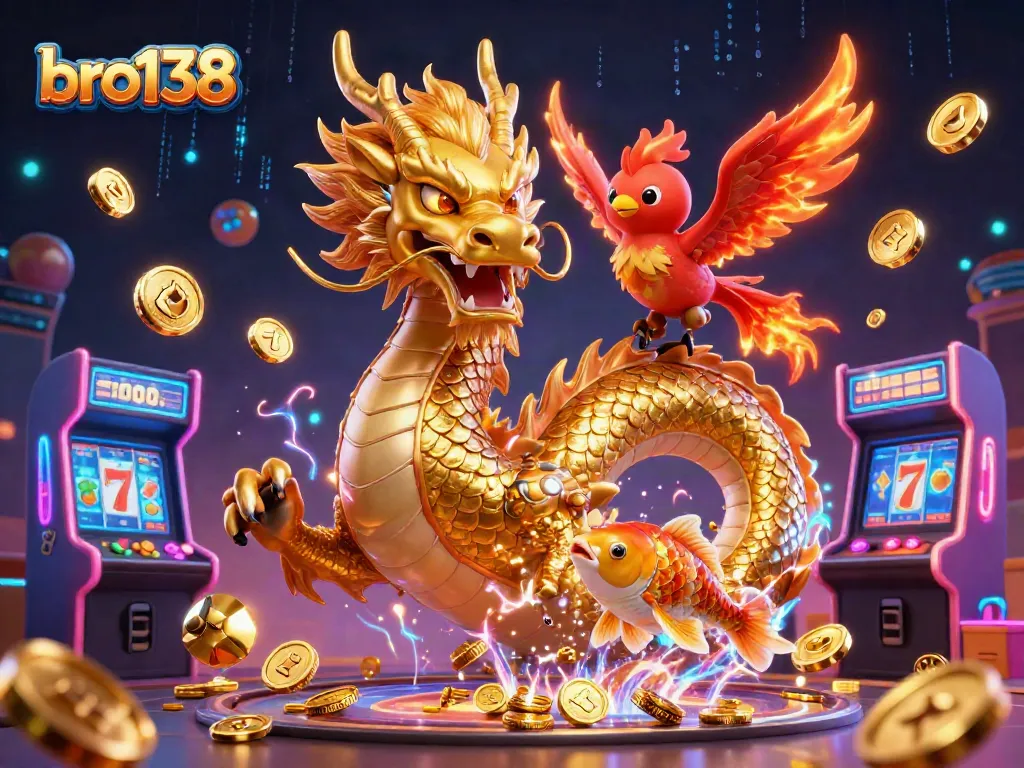 Spin to win at bro138 with a vibrant scene featuring dragons, coins, and captivating game elements.