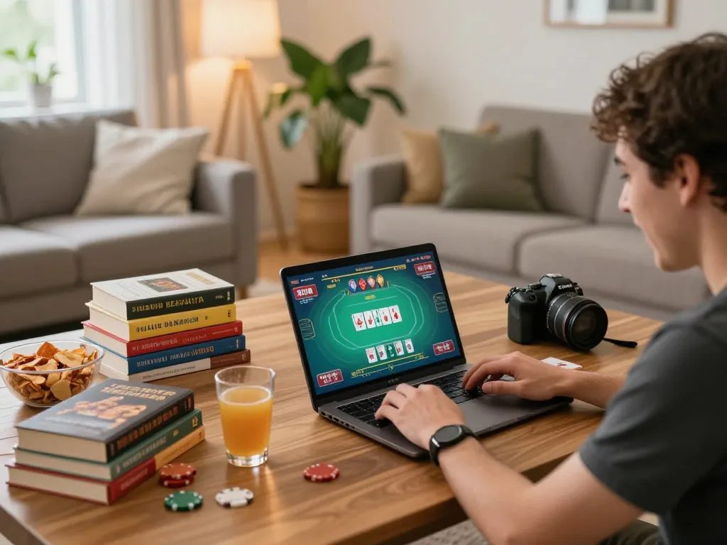 Engaged player exploring poker strategies on LuongsonTV home setup while enjoying a cozy atmosphere