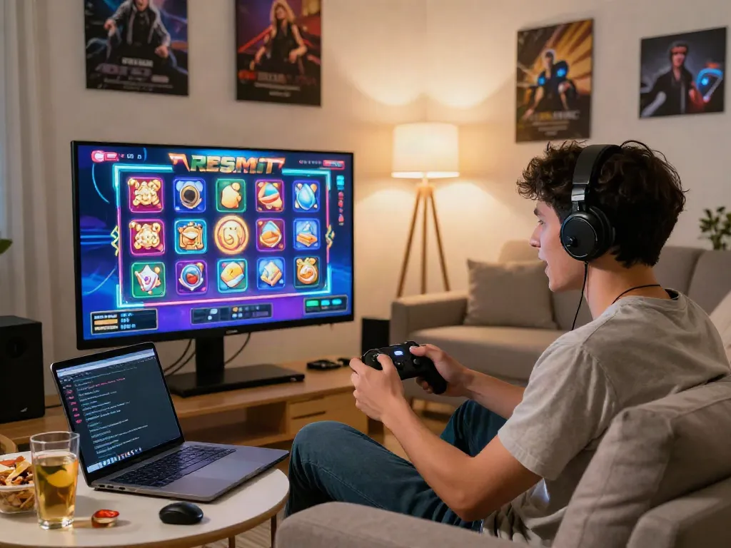 Engaged player enjoying slot resmi games in a cozy living room environment with vibrant graphics displayed on screen.