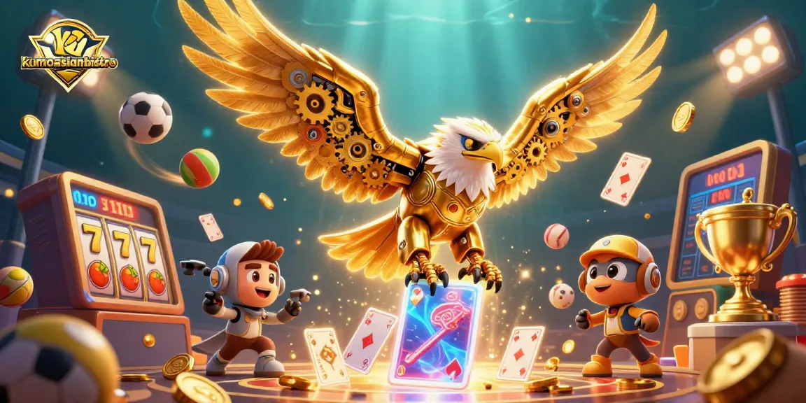 Permainan jackpot di kumoasianbistro dengan elang emas dan kartu holografik yang mempesona.