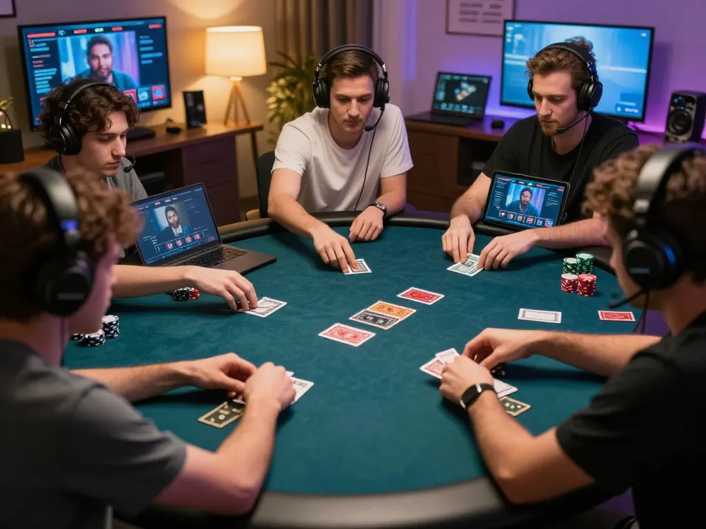 Engaged players strategizing in an online poker game on qq88 platform in a cozy home setting