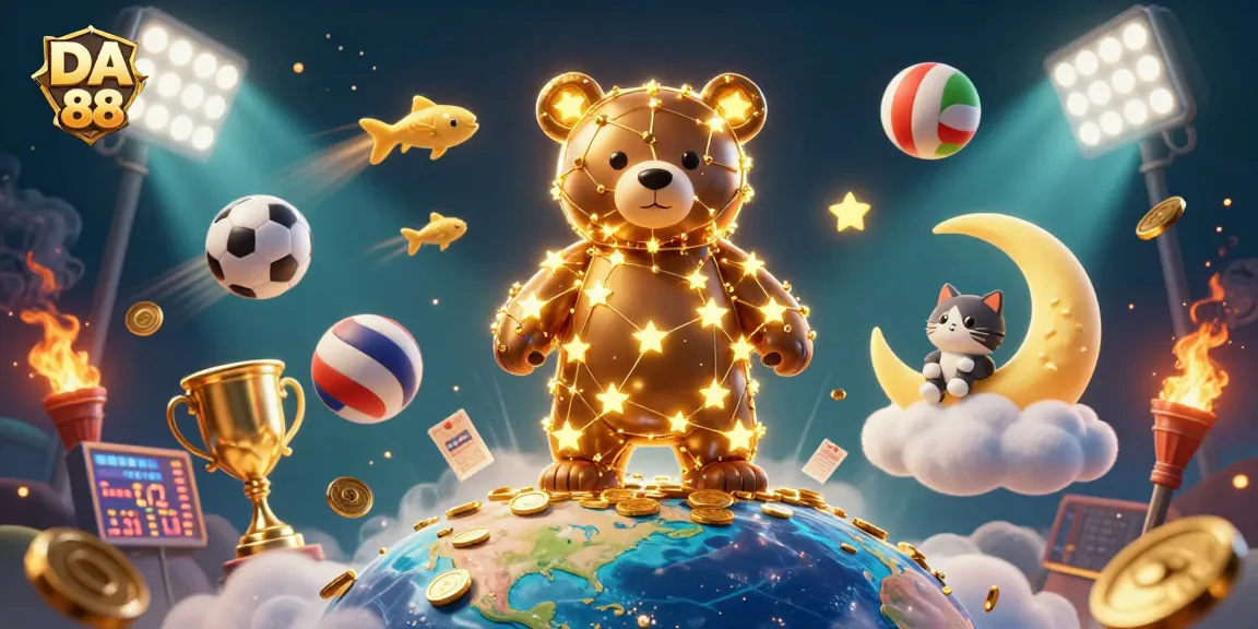 Engage with DA 88's vibrant casino experience featuring a constellation bear and dynamic sports elements.