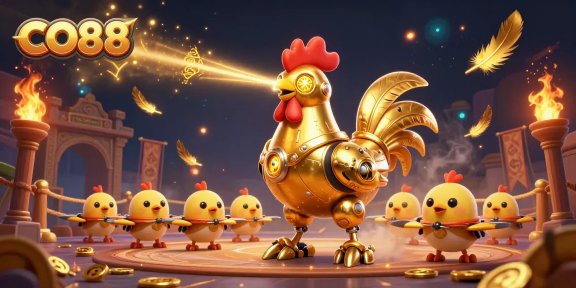 Engage in the thrilling world of CO88 as a golden rooster robot and chick drones dominate the casino arena.