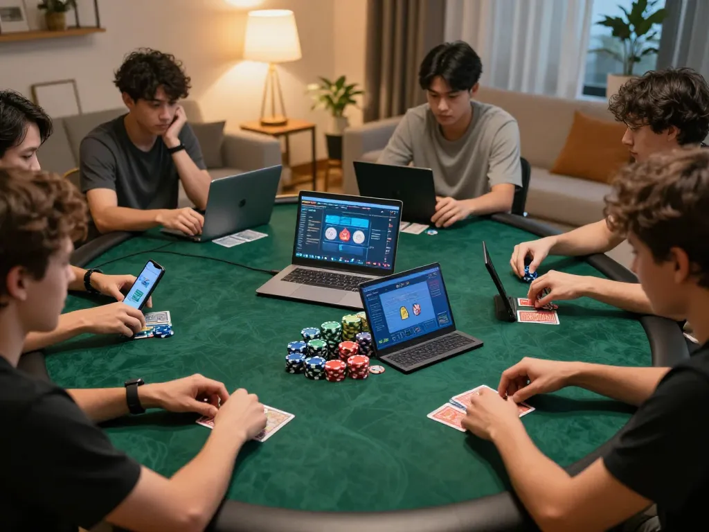 Players enjoying win55 poker game on their devices with colorful chips and cozy lighting.