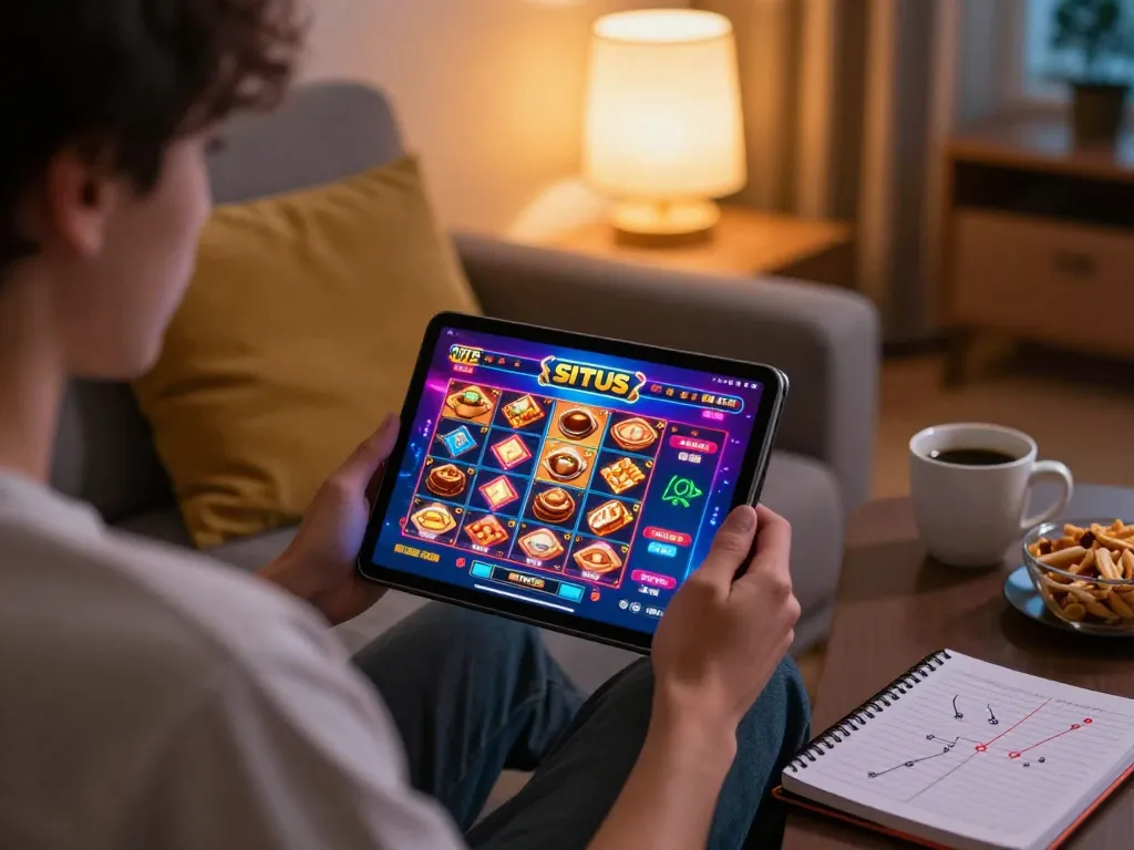 Enjoy playing situs slot games on a tablet in a cozy living room setting with warm lighting.