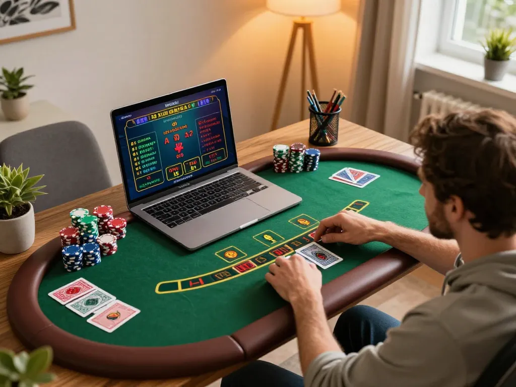 Hi88 player engaging in an online blackjack game at home, showcasing a vibrant gaming atmosphere.