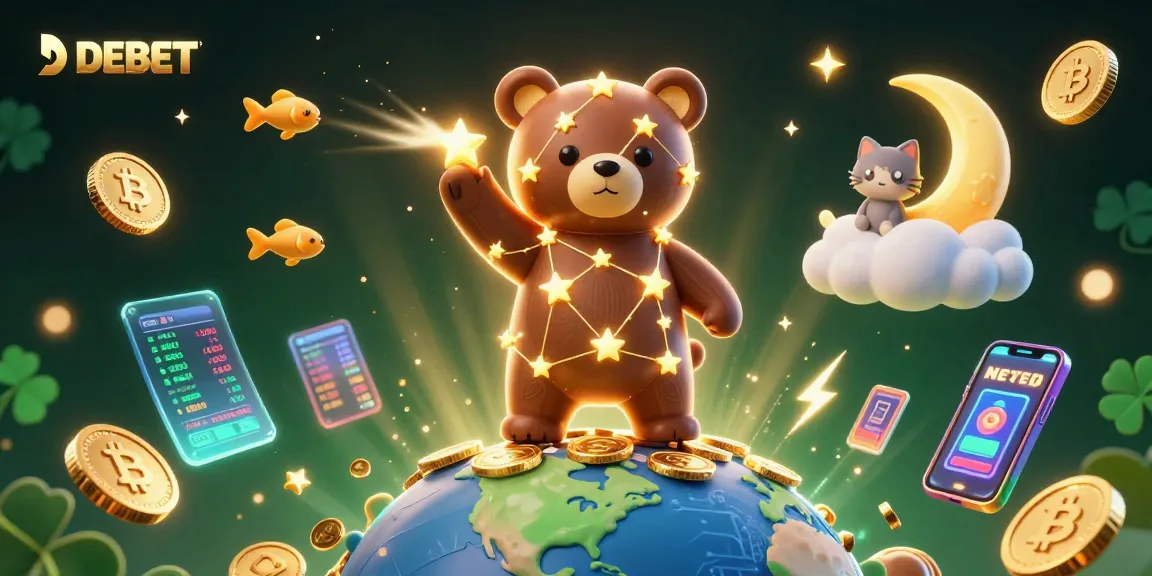 Win big with DEBET as the constellation bear gathers coins from Earth in a vibrant casino scene.