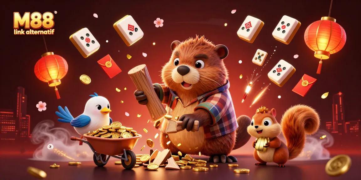 Join the action with M88 link alternatif as a beaver chops gold coin-producing trees in a vibrant casino scene.