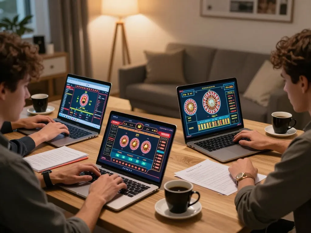 HUBET players engaging in online roulette and poker games in a stylish home office settings.