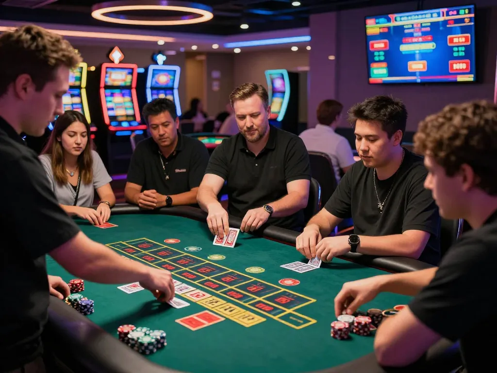 Engaged players enjoying free credit baccarat at a live dealer table in a vibrant casino setting, showcasing excitement and strategy.