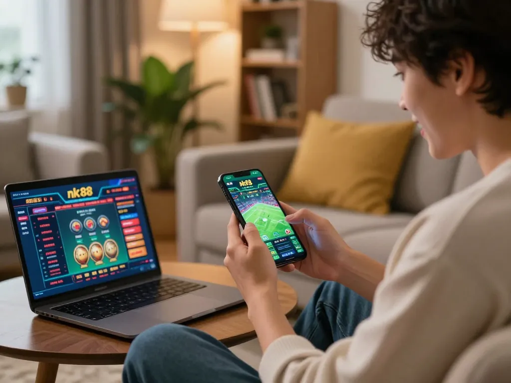 Engaging in mobile betting on nk88 win, showcasing live sports features in a cozy setting.