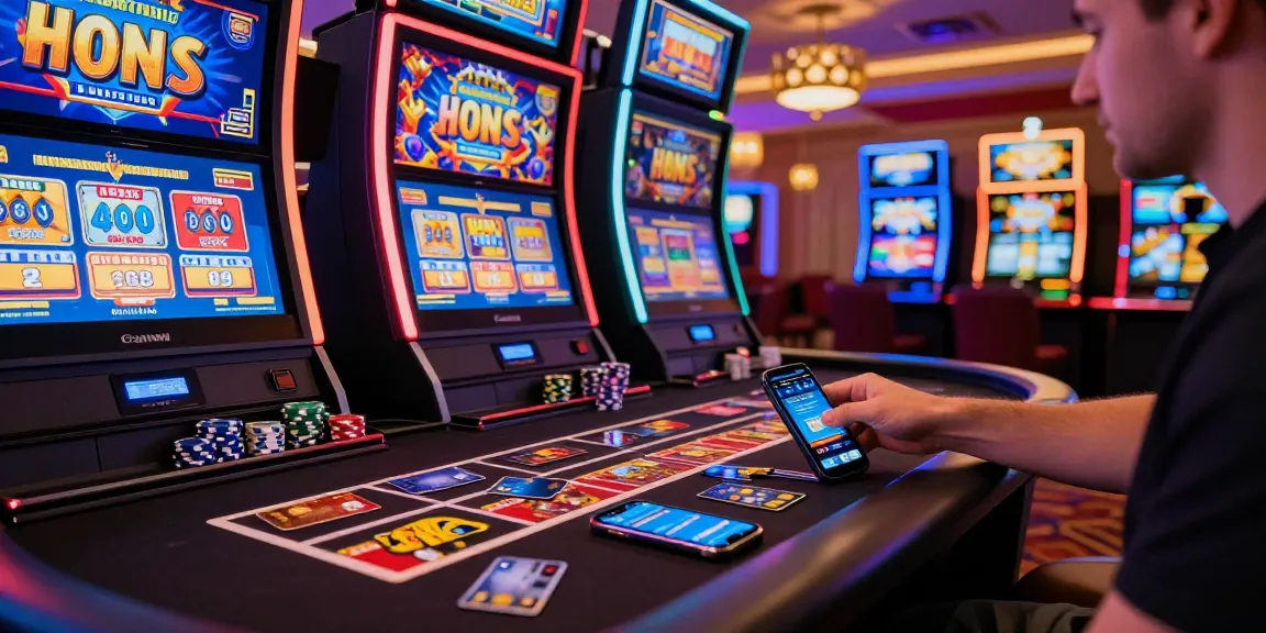 Player at a lively credit card casino enjoying games and bonuses at https://dentalgroups.co.uk, surrounded by colorful machines and excitement.