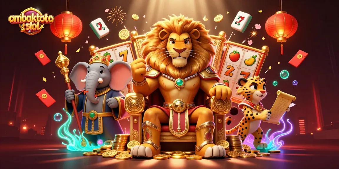 Experience the excitement of ombaktoto slot in a vibrant, dynamic casino scene featuring a lion king and rich symbols.