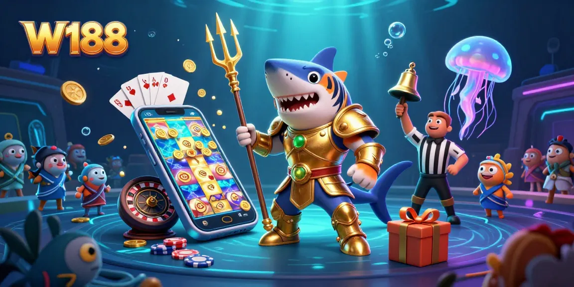 Experience exciting gaming action at W188 with a vibrant underwater scene featuring a tiger shark and casino elements.