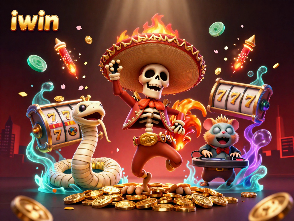 Experience the thrill of iwin casino with vibrant 3D characters dancing among golden coins and slot reels.