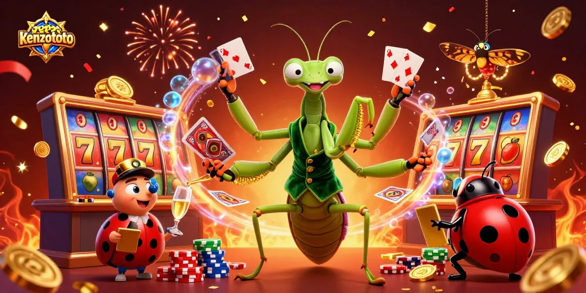 Kenzototo engages players with vibrant slot games featuring giant mantis and ladybug characters in an energetic casino scene.