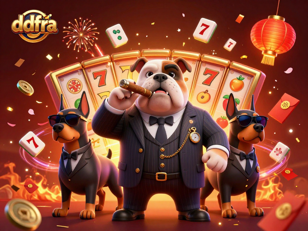 Experience the excitement of ddfra with a 3D casino scene featuring a mafia bulldog, vibrant slot reels, and festive elements.