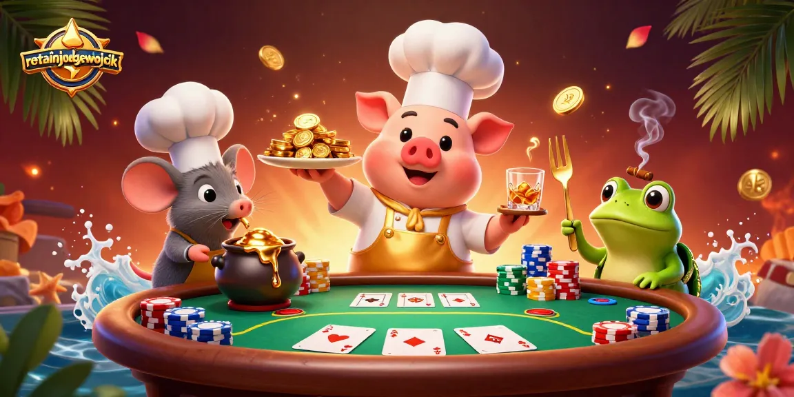 Menampilkan koki babi dalam kostum memikat menyajikan koin emas, di situs judi Slot888 Gacor.