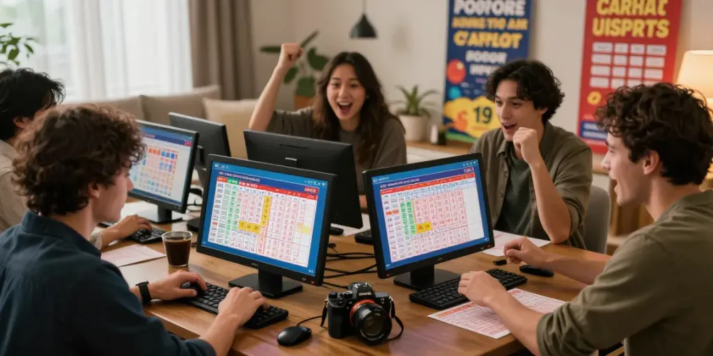 Permainan ratutogel dalam suasana ceria dengan teman-teman mendukung dan tiket lotere berwarna-warni