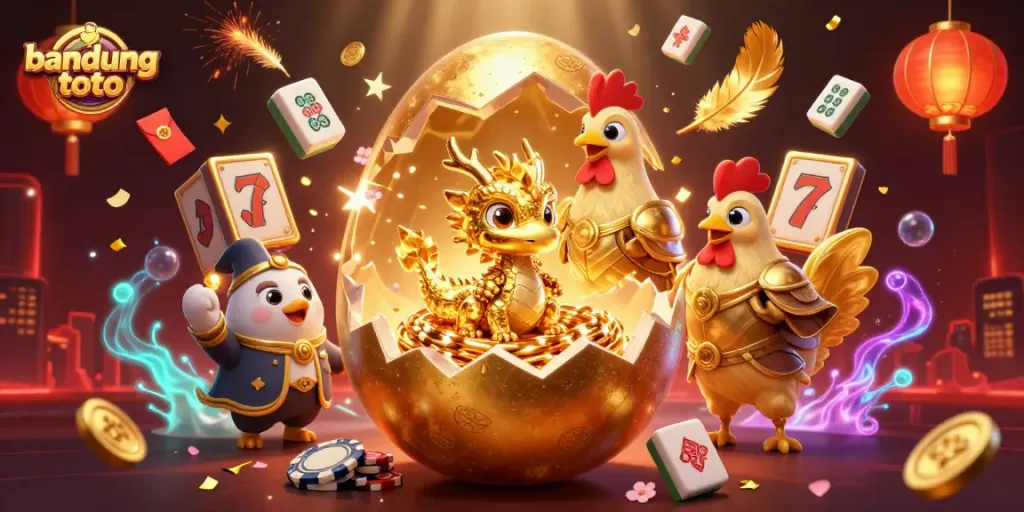 Experience thrilling action with bandung toto in a vibrant 3D illustration featuring gold elements and gambling items.
