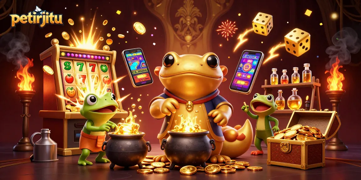 PETIRJITU menghadirkan ilustrasi kasino yang magis dengan gulungan slot dan koin emas melimpah.
