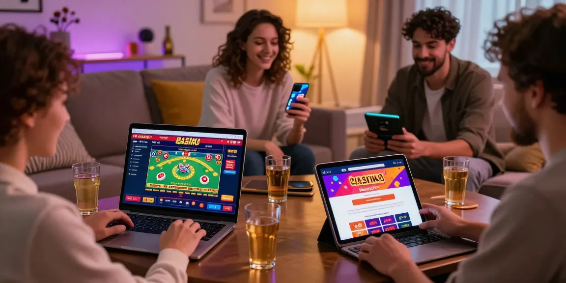 Exciting players exploring new UK casino sites on devices in a vibrant home setting.