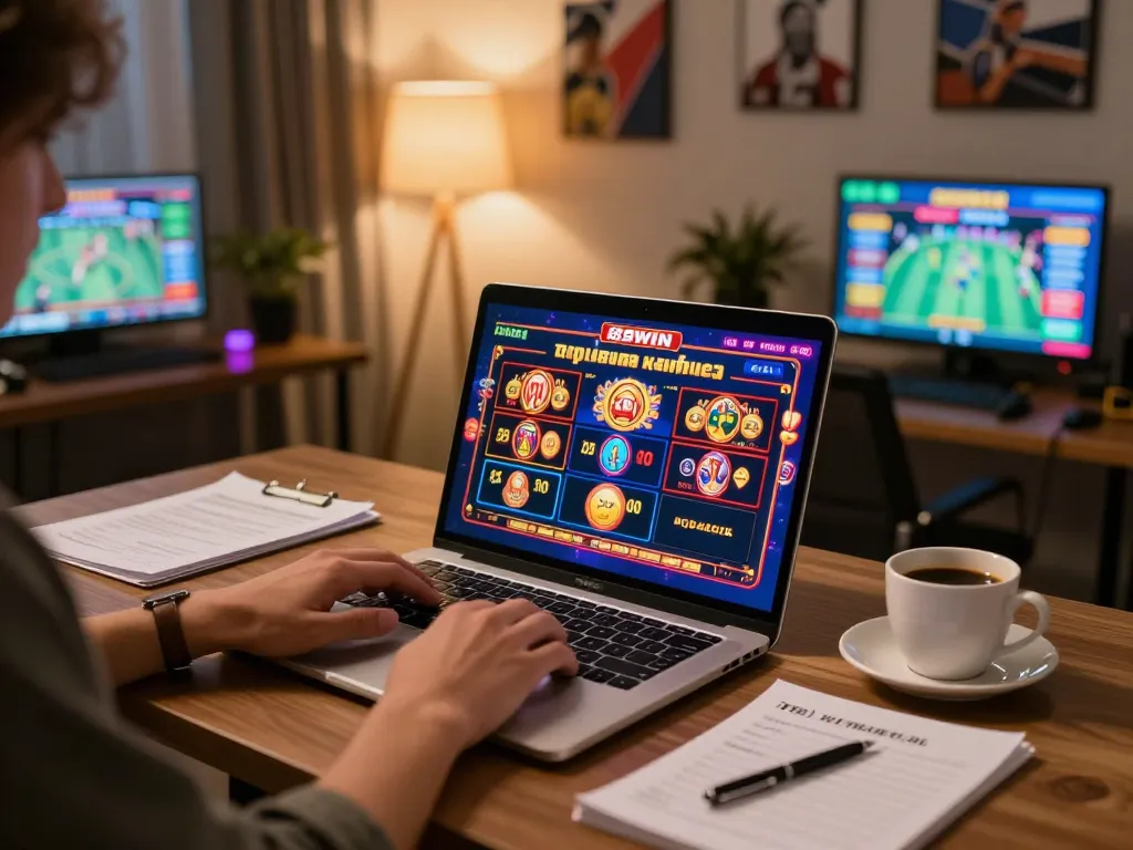 Play online with 98win while enjoying a cozy home gaming setup featuring poker and slots.