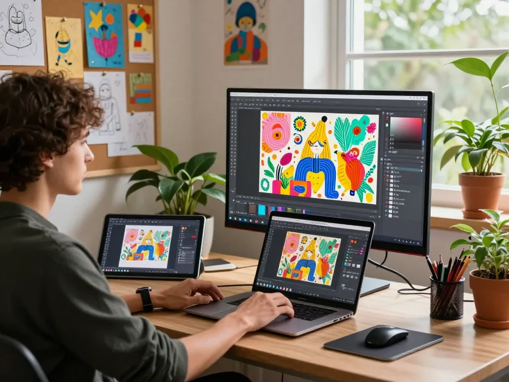 Designer using Nano Banana 2 AI image editor in a vibrant tech workspace.