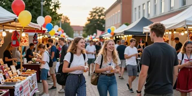 Group of friends enjoying local events at the Kur pramogauti festival in Lithuania.