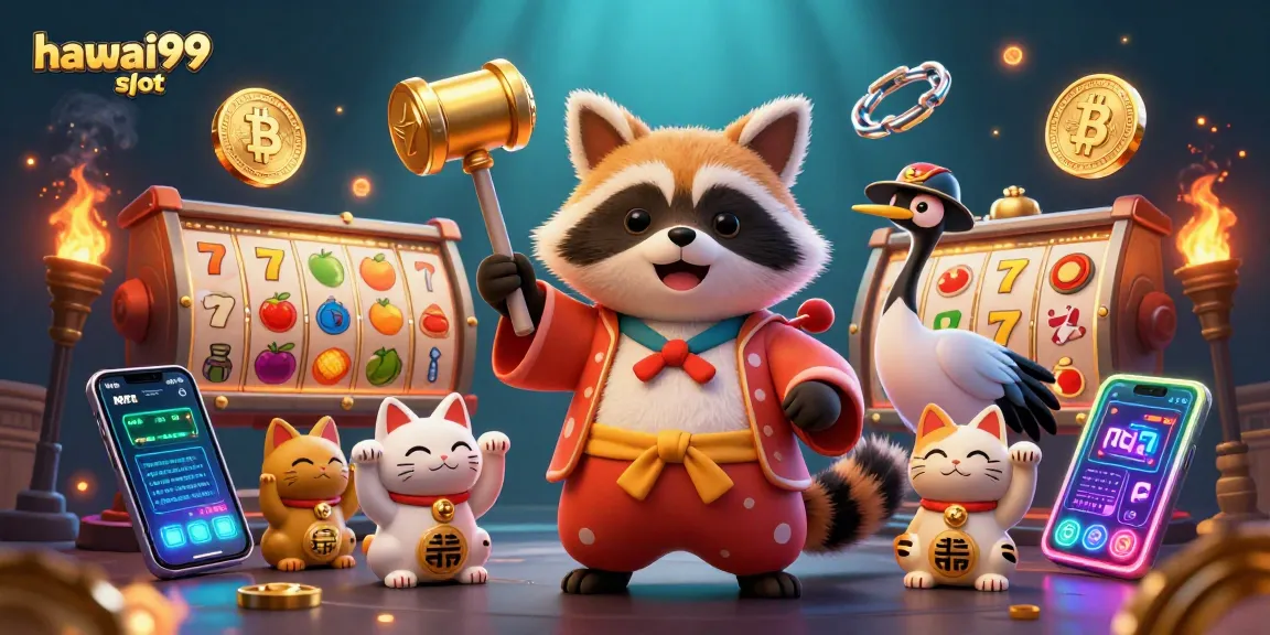 Play hawai99 slot with vibrant characters and crypto elements in a rich 3D casino scene.
